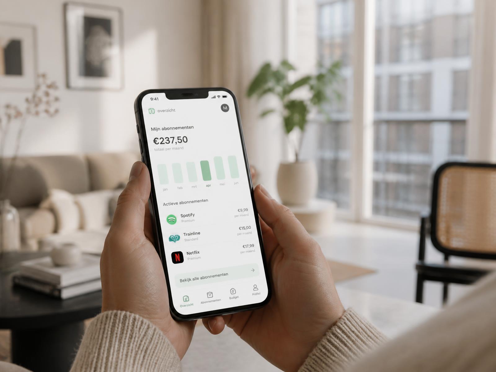 Fowlo subscription dashboard on a phone in a bright living room